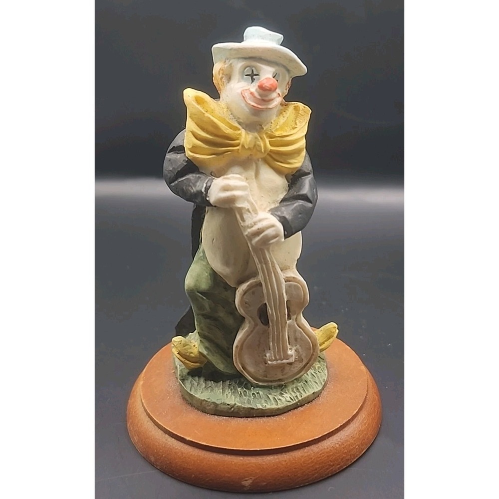 Vintage Clown Wood Base With Guitar Resin Large Bow Figurine